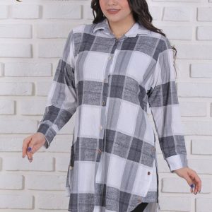 مانتو یقه مردانه بغل دکمه کریشه چهارخونه